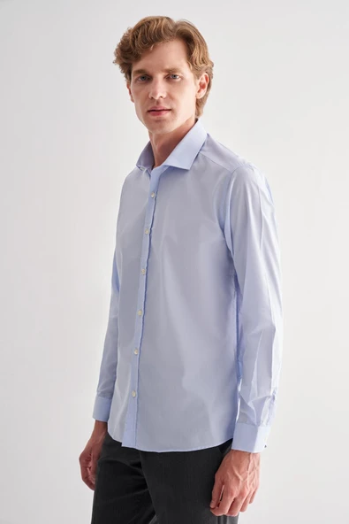 Açık Mavi Yarım İtalyan Yaka Uzun Kol Easy To Iron Slim Fit Pamuklu Gömlek 1004255301 - Resim 8