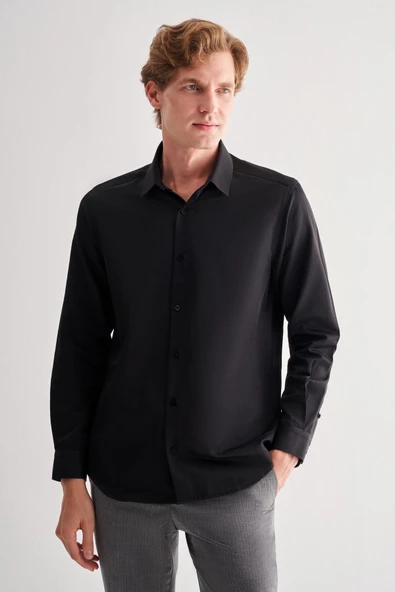 Siyah Sert Yaka Uzun Kol Slim Fit Pamuklu Gömlek 1004255175 ürün görseli
