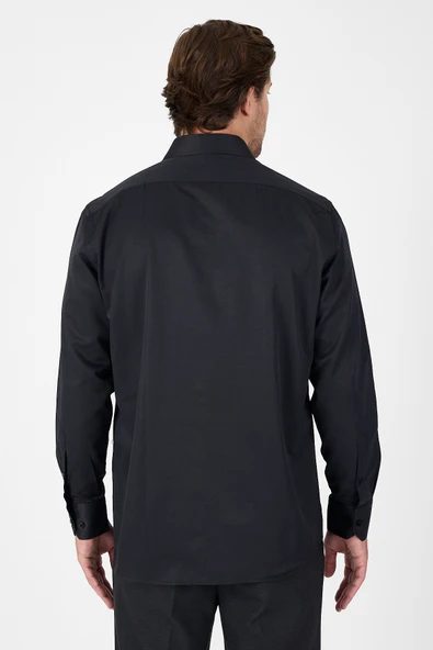 Siyah Uzun Kol Sert Yaka Cepsiz  Comfort Fit Pamuklu Gömlek 1004250914 - Resim 5