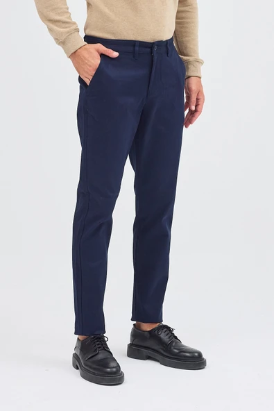 Koyu Lacivert Yan Cep Düz Paça Pamuklu Slim Fit Chino Casual Pantolon 1003255155 - Resim 8