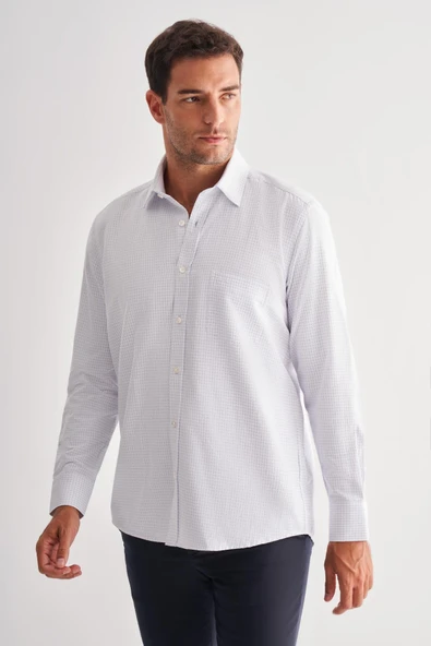 Beyaz Sert Yaka Uzun Kol Cepli Comfort Fit Classic Gömlek 1004255164 - Resim 3