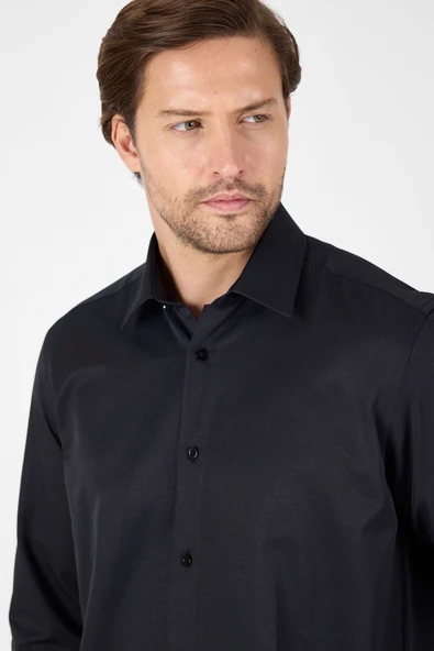 Siyah Uzun Kol Sert Yaka Cepsiz  Comfort Fit Pamuklu Gömlek 1004250914 - Resim 4