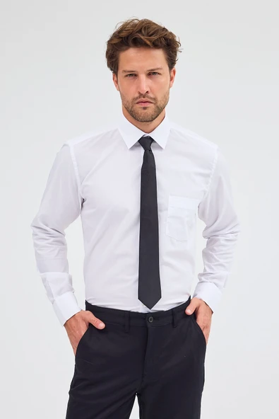 Beyaz Sert Yaka Uzun Kol Easy To Iron Comfort Fit Pamuklu Gömlek 1004255300 ürün görseli
