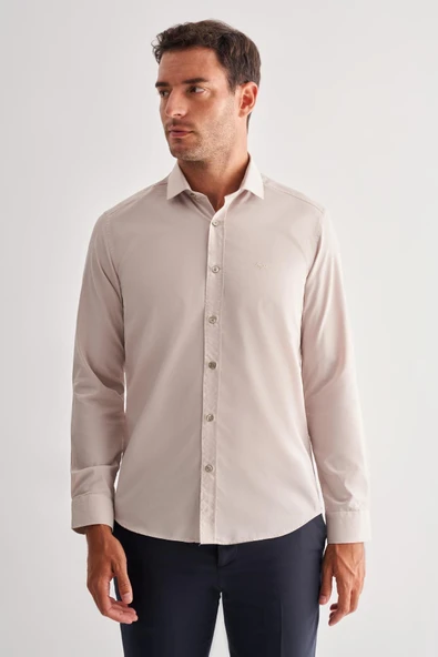 Koyu Bej Yarım İtalyan Yaka Uzun Kol Slim Fit Pamuklu Gömlek 1004255180 - Resim 3