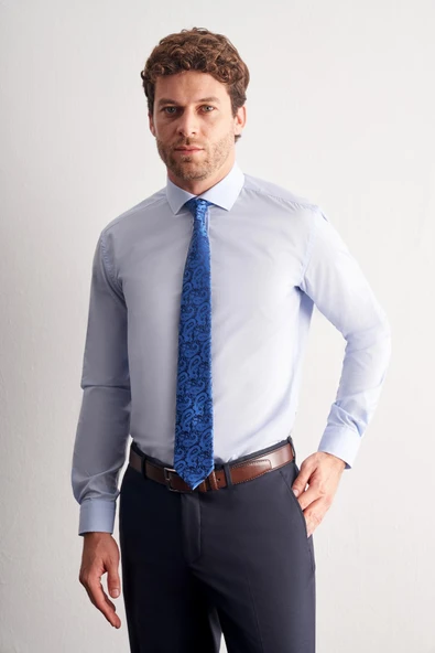 Açık Mavi Yarım İtalyan Yaka Uzun Kol Easy To Iron Slim Fit Pamuklu Gömlek 1004255301 - Resim 3