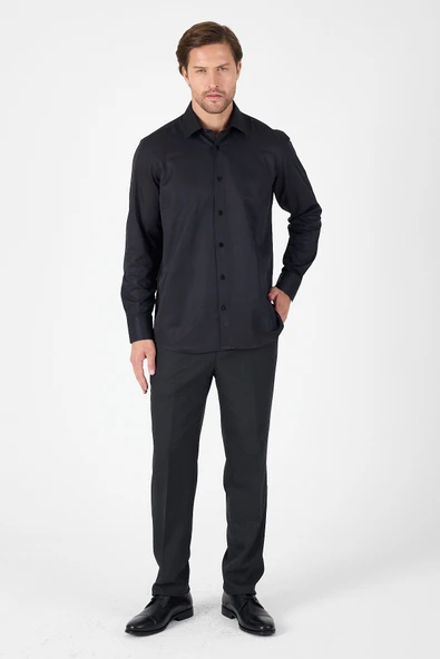 Siyah Uzun Kol Sert Yaka Cepsiz  Comfort Fit Pamuklu Gömlek 1004250914 - Resim 2