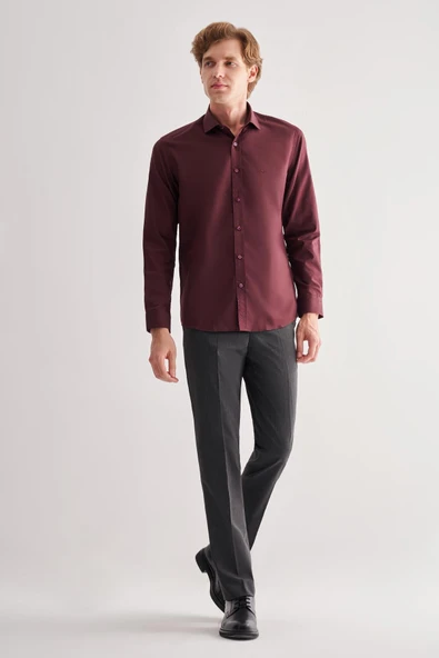 Bordo Yarım İtalyan Yaka Uzun Kol Slim Fit Pamuklu Gömlek 1004255180 ürün görseli