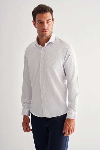 Beyaz Yarım İtalyan Yaka Uzun Kol Cepsiz Slim Fit Cls Gömlek 1004255174 - Resim 3