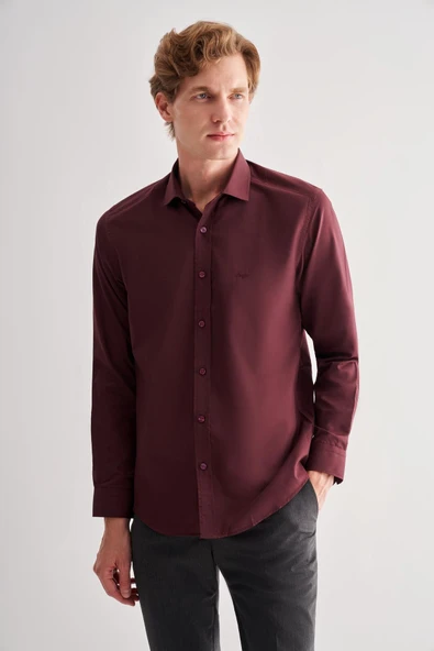 Bordo Yarım İtalyan Yaka Uzun Kol Slim Fit Pamuklu Gömlek 1004255180 - Resim 3