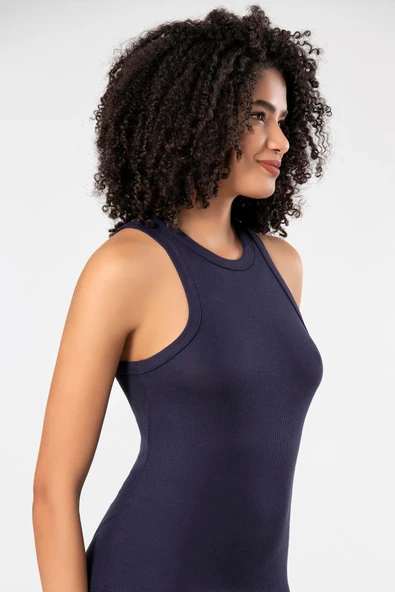 ERDEM İÇ GİYİM Erdem Weweus Lacivert Viskon Kaşkorse Halter Yaka Atlet Body Tişört - Resim 2