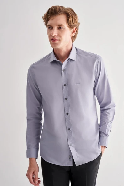 Koyu Gri Yarım İtalyan Yaka Uzun Kol Slim Fit Pamuklu Gömlek 1004255180 - Resim 3