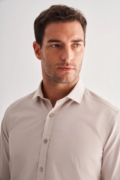 Koyu Bej Yarım İtalyan Yaka Uzun Kol Slim Fit Pamuklu Gömlek 1004255180 - Resim 4