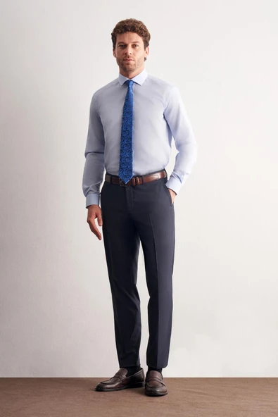 Açık Mavi Yarım İtalyan Yaka Uzun Kol Easy To Iron Slim Fit Pamuklu Gömlek 1004255301 - Resim 2