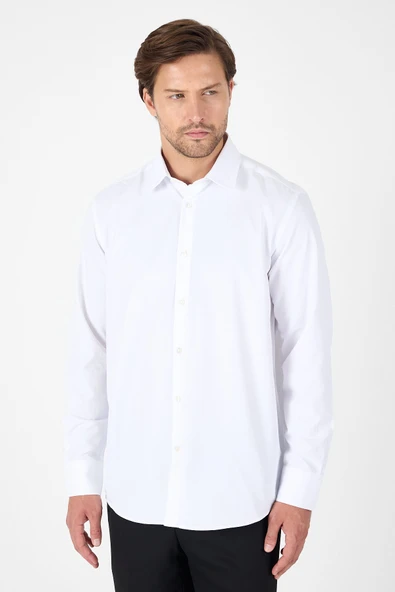 Beyaz Uzun Kol Sert Yaka Cepsiz  Comfort Fit Pamuklu Gömlek 1004250914 ürün görseli