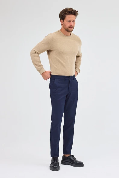 Koyu Lacivert Yan Cep Düz Paça Pamuklu Slim Fit Chino Casual Pantolon 1003255155 - Resim 5