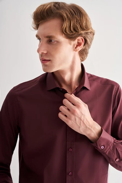 Bordo Yarım İtalyan Yaka Uzun Kol Slim Fit Pamuklu Gömlek 1004255180 - Resim 4
