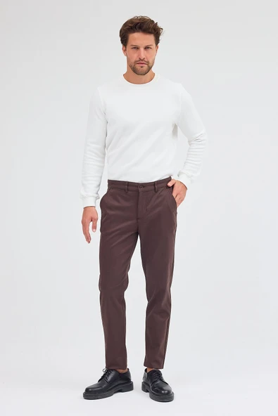 Sütlü Kahverengi Yan Cep Düz Paça Pamuklu Slim Fit Chino Casual Pantolon 1003255155 - Resim 4