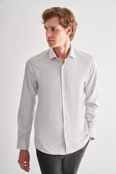 Beyaz Yarım İtalyan Yaka Uzun Kol Cepsiz Slim Fit Cls Gömlek 1004255174 - Resim 3