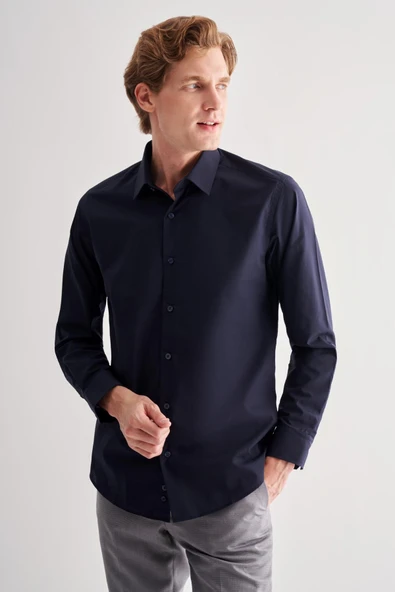 Koyu Lacivert Sert Yaka Filafil Desen Uzun Kol Slim Fit Pamuklu Gömlek 1004255181 - Resim 3