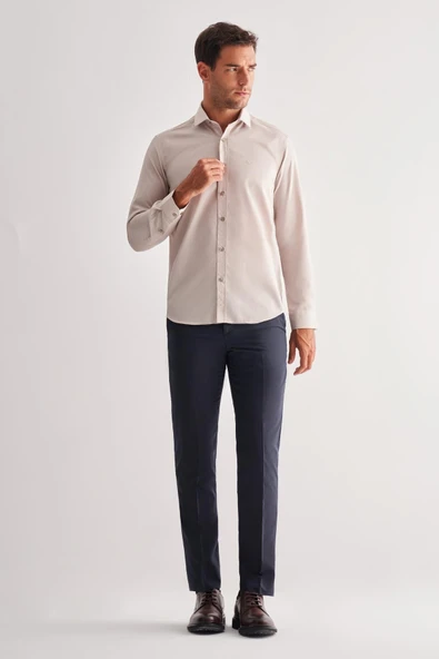 Koyu Bej Yarım İtalyan Yaka Uzun Kol Slim Fit Pamuklu Gömlek 1004255180 - Resim 2