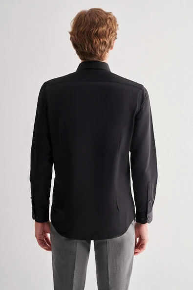 Siyah Sert Yaka Uzun Kol Slim Fit Pamuklu Gömlek 1004255175 - Resim 5