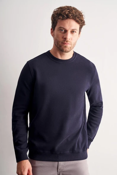 Lacivert Uzun Kol Bisiklet Yaka Düz Pamuklu Comfort Fit Sweatshirt 1013255150 ürün görseli