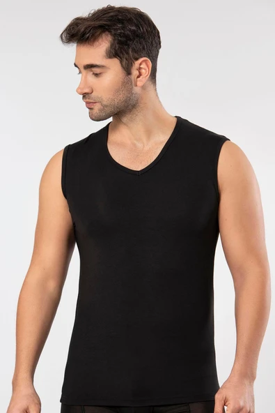 Weweus Siyah Süper Ince Erkek Doğal Bambu Lüks Kolsuz V Yaka Atlet ürün görseli