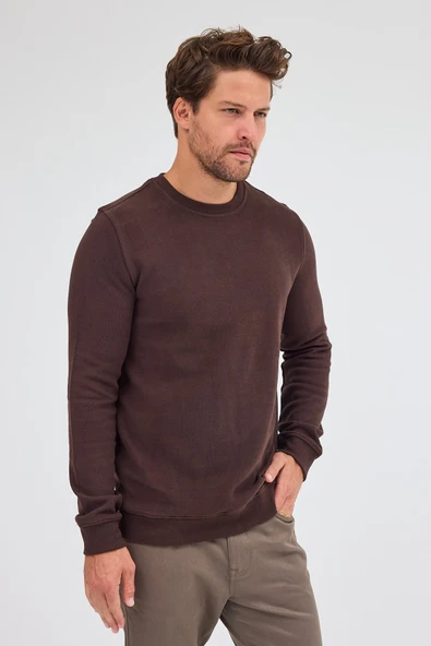 Kahverengi Uzun Kol Bisiklet Yaka Düz Pamuklu Comfort Fit Sweatshirt 1013255150 - Resim 4