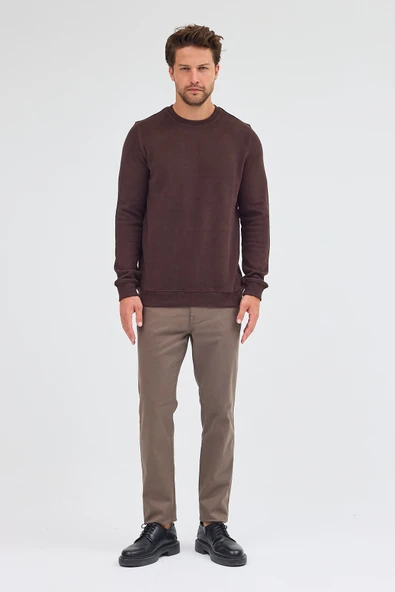 Kahverengi Uzun Kol Bisiklet Yaka Düz Pamuklu Comfort Fit Sweatshirt 1013255150 - Resim 2