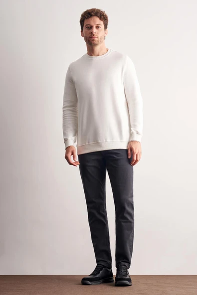 Krem Uzun Kol Bisiklet Yaka Düz Pamuklu Comfort Fit Sweatshirt 1013255150 - Resim 2