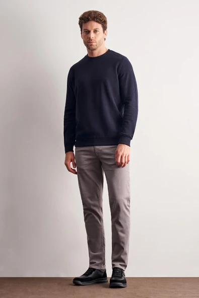 Lacivert Uzun Kol Bisiklet Yaka Düz Pamuklu Comfort Fit Sweatshirt 1013255150 - Resim 2