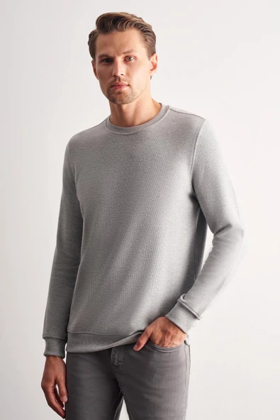 Gri Uzun Kol Bisiklet Yaka Düz Pamuklu Comfort Fit Sweatshirt 1013255150 - Resim 3