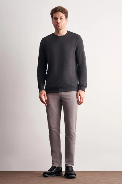 Antrasit Uzun Kol Bisiklet Yaka Düz Pamuklu Comfort Fit Sweatshirt 1013255150 - Resim 2