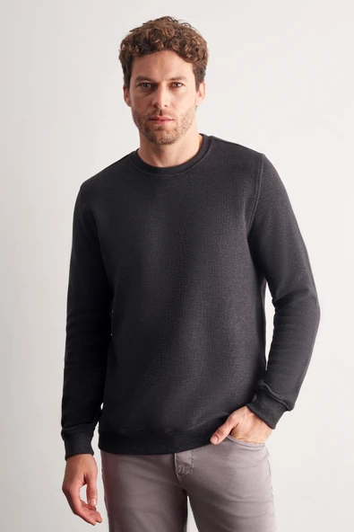 Antrasit Uzun Kol Bisiklet Yaka Düz Pamuklu Comfort Fit Sweatshirt 1013255150 - Resim 3