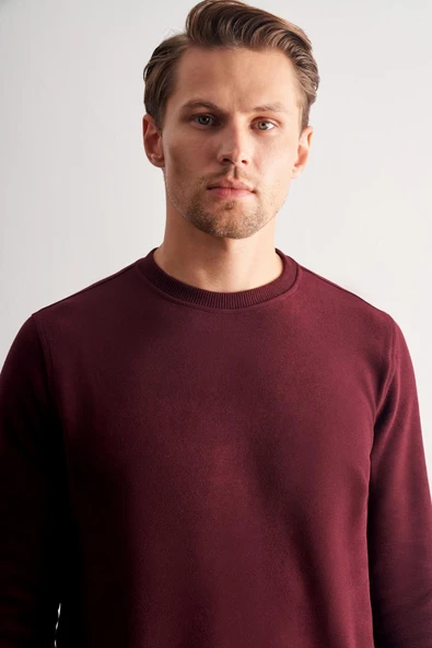 Bordo Uzun Kol Bisiklet Yaka Düz Pamuklu Comfort Fit Sweatshirt 1013255150 - Resim 4