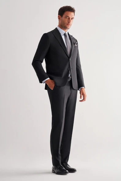 Siyah Kırlangıç Yaka Tam Astar 6 Drop Slim Fit Esnek   Takım Elbise 1001255156 - Resim 3