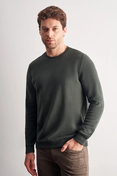 Haki Uzun Kol Bisiklet Yaka Düz Pamuklu Comfort Fit Sweatshirt 1013255150 - Resim 3