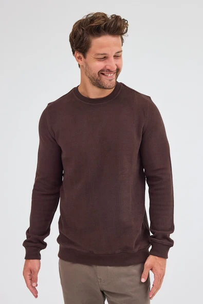 Kahverengi Uzun Kol Bisiklet Yaka Düz Pamuklu Comfort Fit Sweatshirt 1013255150 - Resim 6