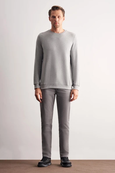 Gri Uzun Kol Bisiklet Yaka Düz Pamuklu Comfort Fit Sweatshirt 1013255150 - Resim 2