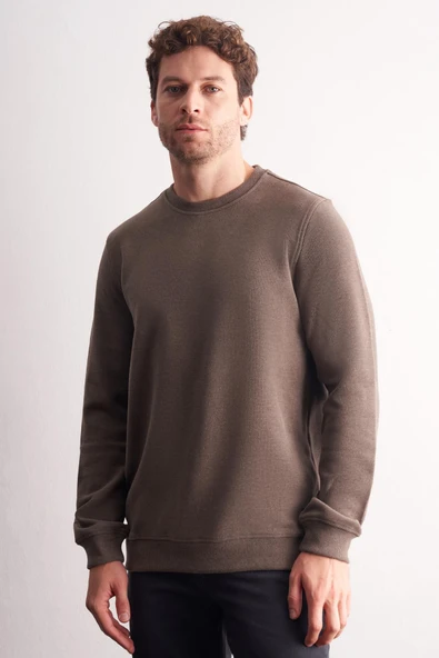 Açık Haki Uzun Kol Bisiklet Yaka Düz Pamuklu Comfort Fit Sweatshirt 1013255150 ürün görseli