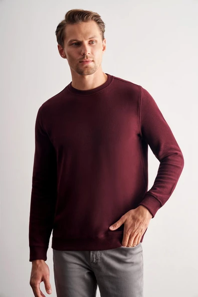 Bordo Uzun Kol Bisiklet Yaka Düz Pamuklu Comfort Fit Sweatshirt 1013255150 - Resim 3