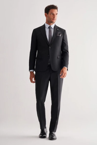 Siyah Kırlangıç Yaka Tam Astar 6 Drop Slim Fit Esnek   Takım Elbise 1001255156 - Resim 2