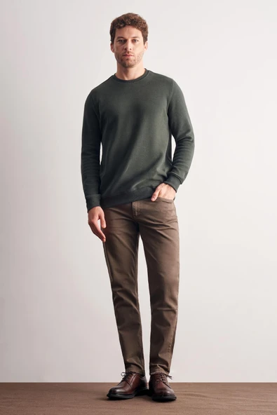 Haki Uzun Kol Bisiklet Yaka Düz Pamuklu Comfort Fit Sweatshirt 1013255150 - Resim 2