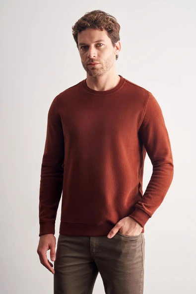 Kiremit Uzun Kol Bisiklet Yaka Düz Pamuklu Comfort Fit Sweatshirt 1013255150 ürün görseli