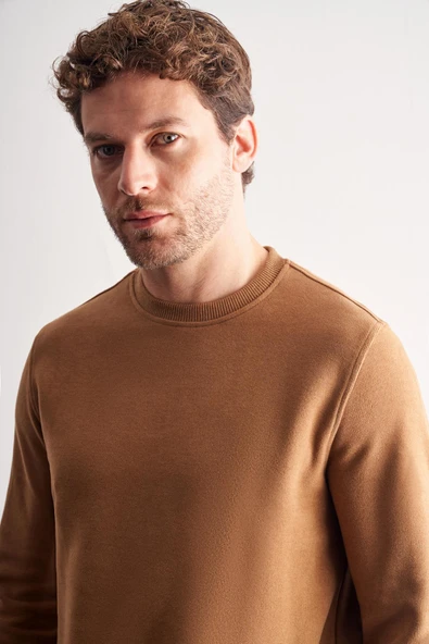 Açık Kahverengi Uzun Kol Bisiklet Yaka Düz Pamuklu Comfort Fit Sweatshirt 1013255150 - Resim 4