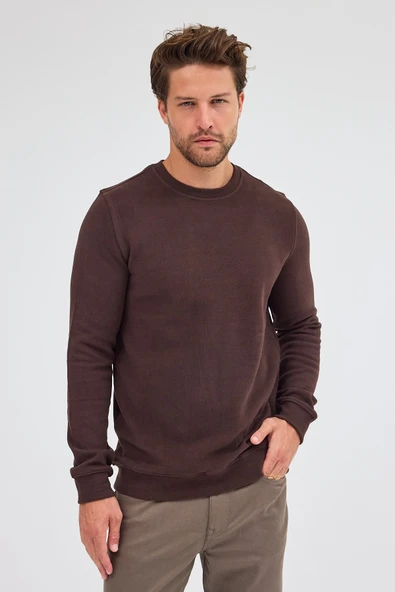 Kahverengi Uzun Kol Bisiklet Yaka Düz Pamuklu Comfort Fit Sweatshirt 1013255150 - Resim 5