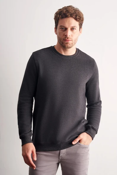 Antrasit Uzun Kol Bisiklet Yaka Düz Pamuklu Comfort Fit Sweatshirt 1013255150 ürün görseli