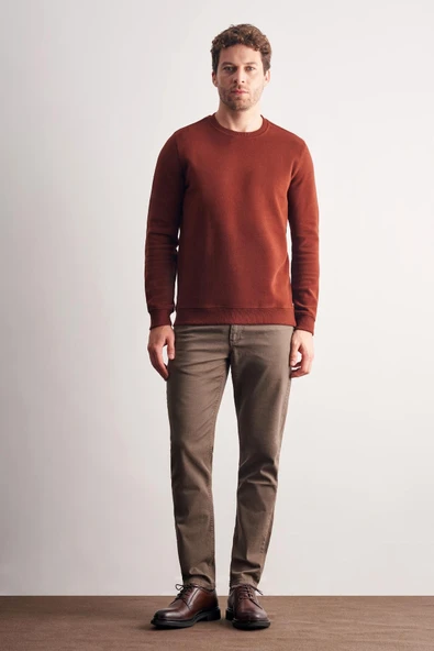 Kiremit Uzun Kol Bisiklet Yaka Düz Pamuklu Comfort Fit Sweatshirt 1013255150 - Resim 2