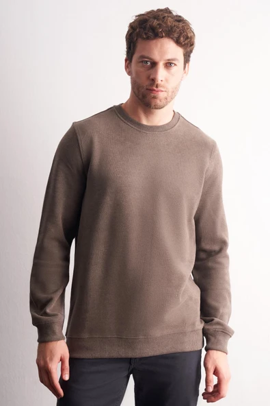 Açık Haki Uzun Kol Bisiklet Yaka Düz Pamuklu Comfort Fit Sweatshirt 1013255150 - Resim 3