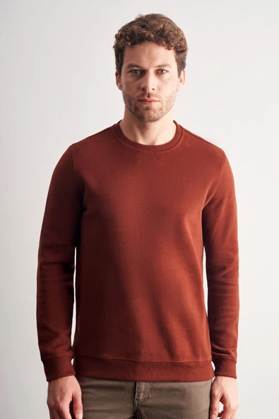 Kiremit Uzun Kol Bisiklet Yaka Düz Pamuklu Comfort Fit Sweatshirt 1013255150 - Resim 3